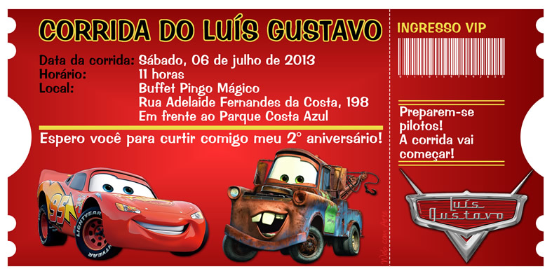 Convite Festa Carros Corrida Ingresso